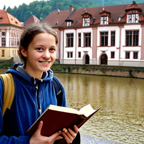 Home 14 **
Prompt: A student, perhaps with a slightly bewildered but excited expression, standing in front of the Heidelberg University library, clutching a stack of German law books. The scene is slightly overcast, capturing the academic atmosphere of a historic European university town. There's a glimpse of the Neckar River in the background. Focus on conveying a sense of intellectual challenge and new beginnings.
**