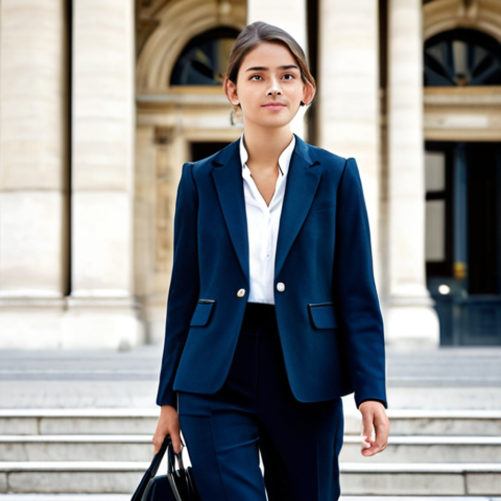 Aspiring Lawyer - Professional Success**

A young, ambitious woman, fully clothed in a stylish, tailored business suit (think Parisian chic), confidently strides through the Palais de Justice in Paris. She carries a sleek laptop bag. Background: blurred but recognizable classic architecture. Lighting: soft, natural light filtering through the building's windows. Safe for work, appropriate content, professional, family-friendly, perfect anatomy, correct proportions, natural pose, well-formed hands, proper finger count, natural body proportions.

**