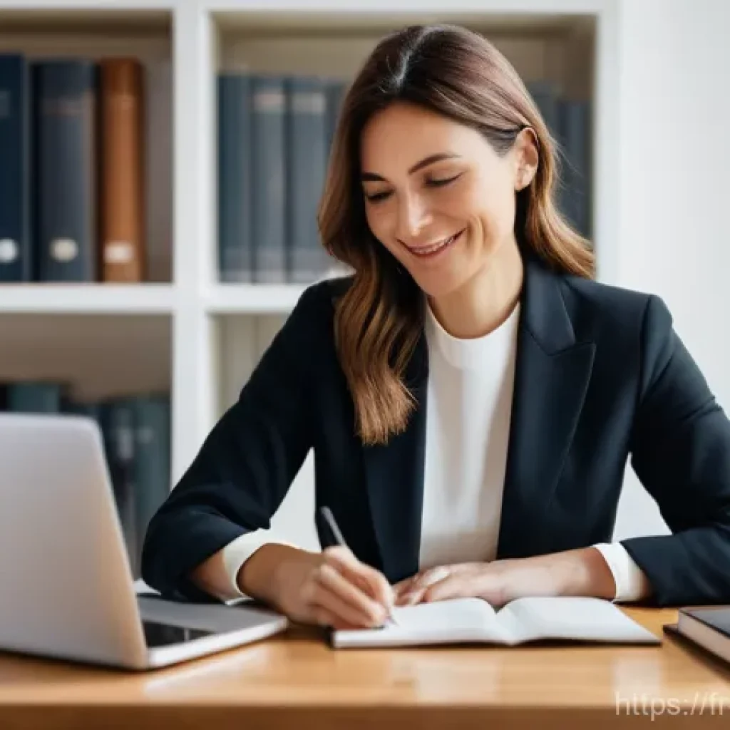 법률 변호사 블로그 운영 팁 - **Prompt:** A professional and empathetic French female lawyer in her late 30s, dressed in smart bus...