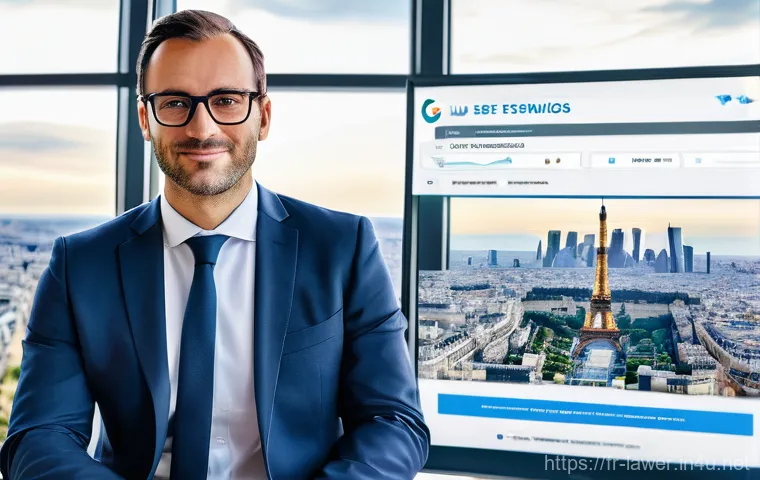 법률 변호사 블로그 운영 팁 - **Prompt:** A professional and empathetic French female lawyer in her late 30s, dressed in smart bus...