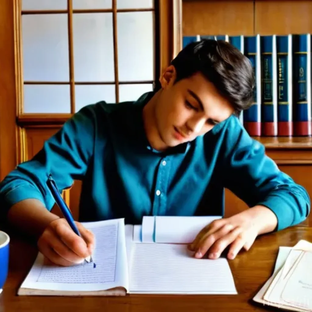 변호사 시험 대비 모의시험 활용법 - **Prompt:** A focused French law student, approximately 22 years old, sits at a wooden desk in a cla...