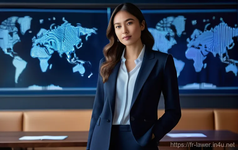 변호사 실무의 윤리와 책임 - **Prompt:** A discerning female lawyer in her late 30s, dressed in a tailored, dark navy pantsuit, s...