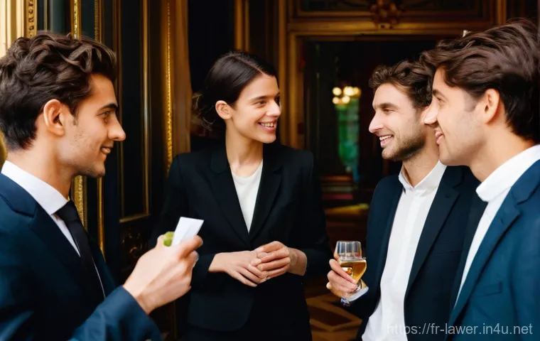 변호사 실무 초보자 팁 - **Prompt:** A group of diverse, young professional French lawyers, both male and female, networking ...