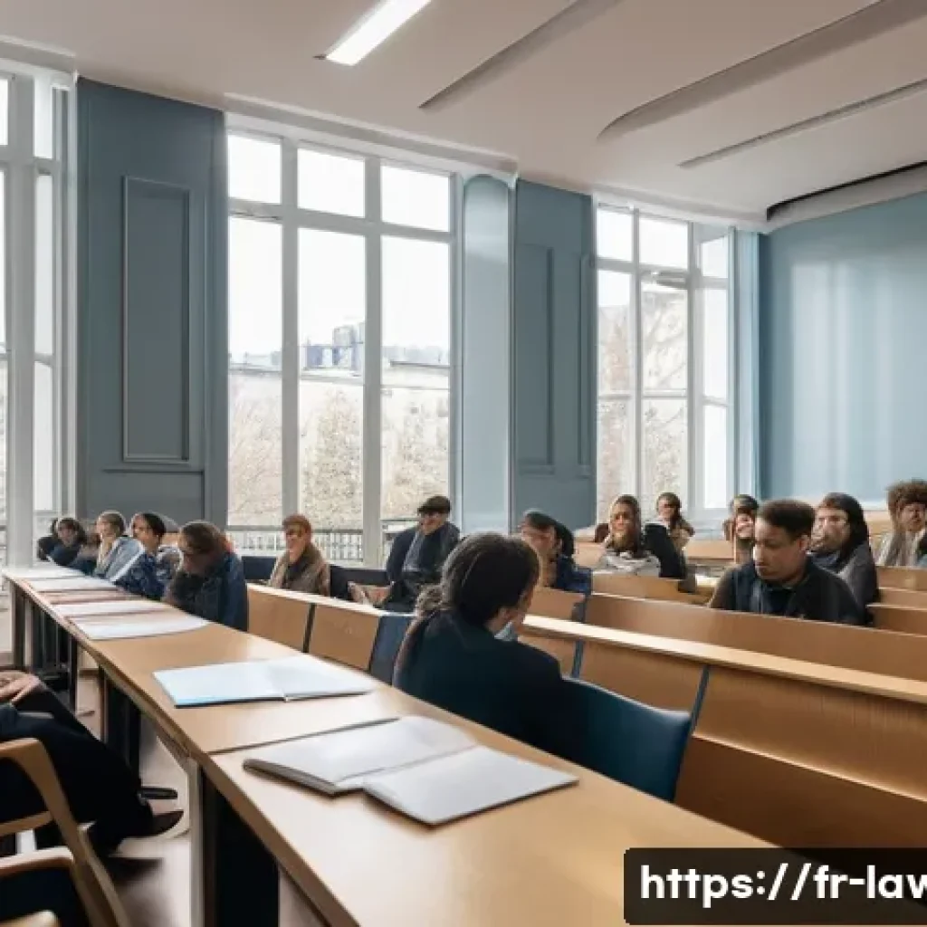 변호사 자격 취득 과정 - A bright, modern French university lecture hall filled with diverse law students attentively listeni...