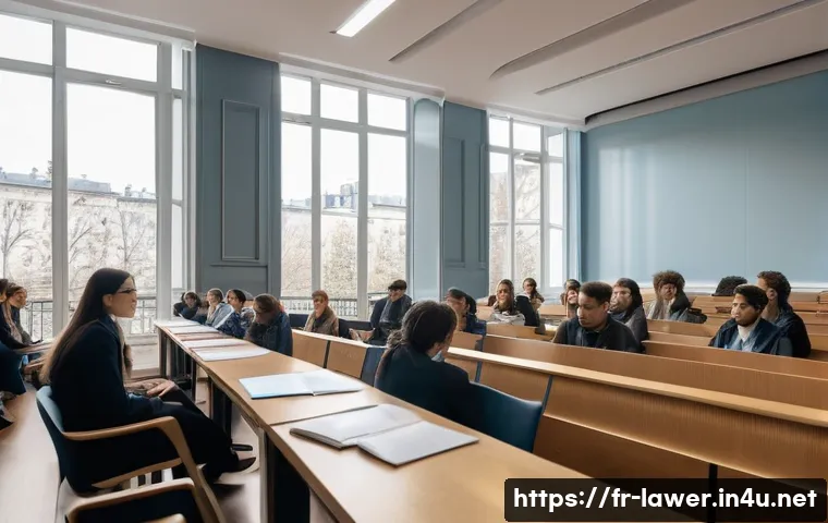 변호사 자격 취득 과정 - A bright, modern French university lecture hall filled with diverse law students attentively listeni...
