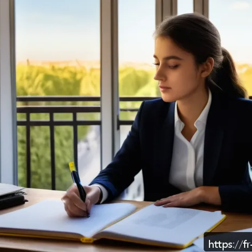 변호사 시험 실기 준비 팁 - A focused young French law student sitting at a modern desk in a cozy Parisian apartment, surrounded...