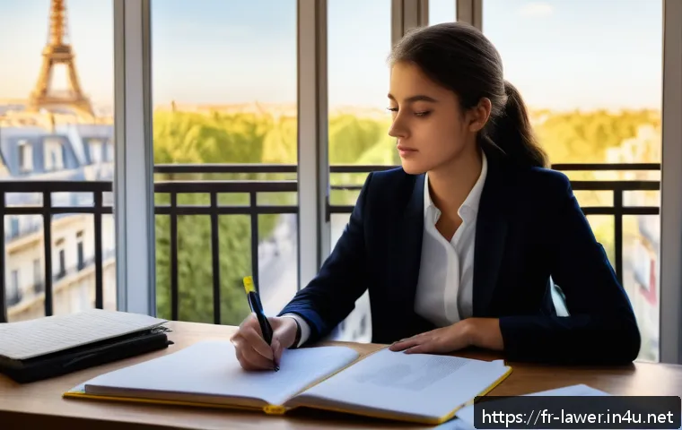 변호사 시험 실기 준비 팁 - A focused young French law student sitting at a modern desk in a cozy Parisian apartment, surrounded...