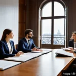 Home 22 변호사 자격증을 딴 후의 커리어 선택 - A modern French law office interior scene with young diverse business lawyers in professional attire...