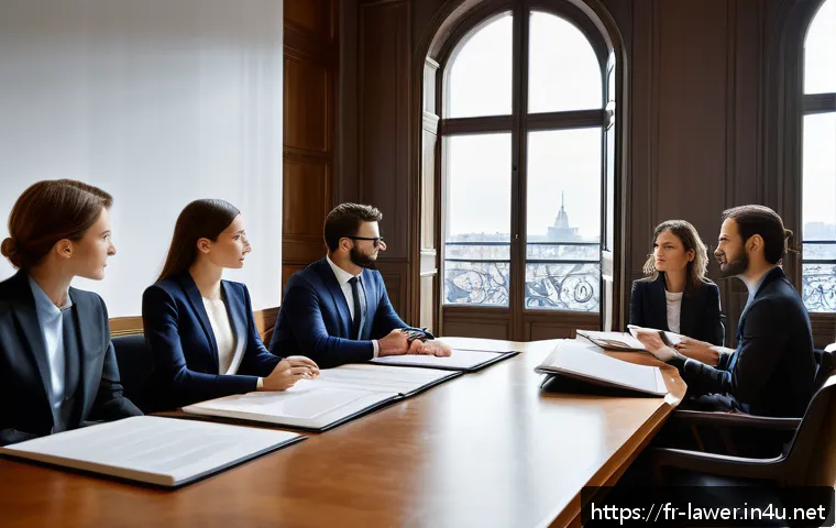 변호사 자격증을 딴 후의 커리어 선택 - A modern French law office interior scene with young diverse business lawyers in professional attire...