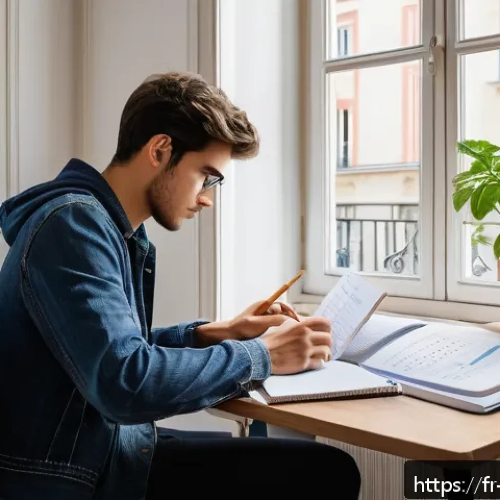 변호사 자격증 준비 계획 세우기 - A focused young adult studying at a modern desk in a cozy Parisian apartment, with natural daylight ...