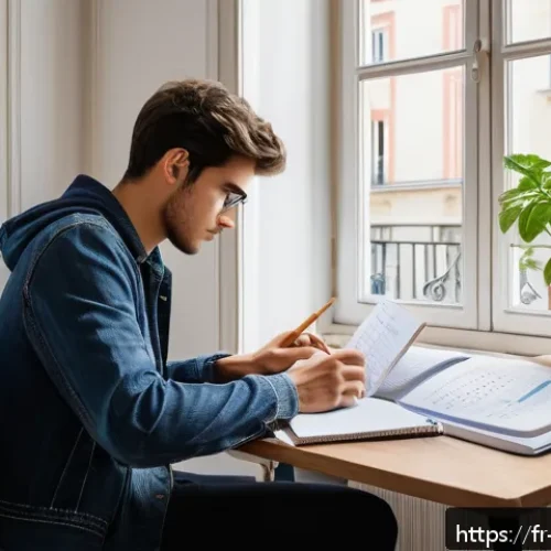 Home 33 변호사 자격증 준비 계획 세우기 - A focused young adult studying at a modern desk in a cozy Parisian apartment, with natural daylight ...