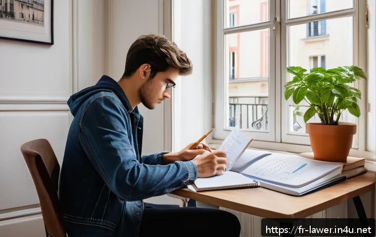 변호사 자격증 준비 계획 세우기 - A focused young adult studying at a modern desk in a cozy Parisian apartment, with natural daylight ...