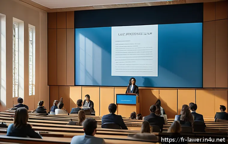 법률 관련 자격증 종류와 차이점 - A modern French university law lecture hall filled with diverse students attentively listening to a ...