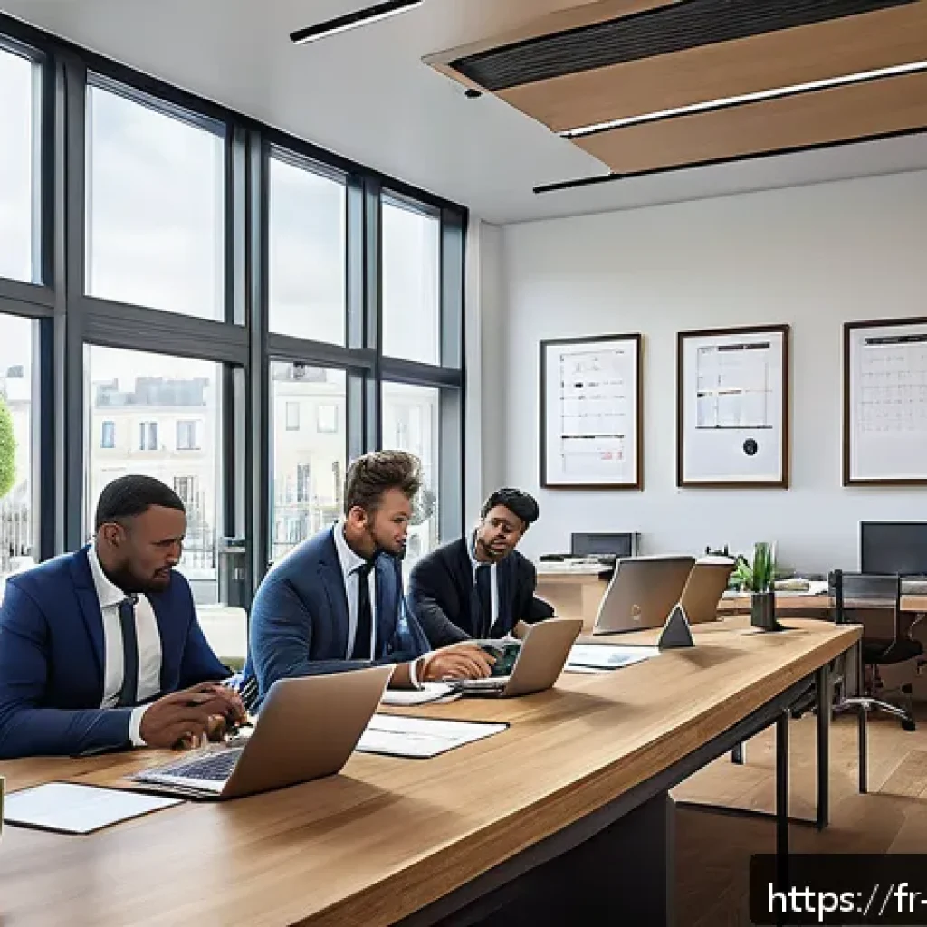 변호사 실무에서 실수 줄이는 법 - A modern law office interior scene showing a diverse team of professionals collaborating around a la...