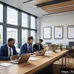 Home 19 변호사 실무에서 실수 줄이는 법 - A modern law office interior scene showing a diverse team of professionals collaborating around a la...