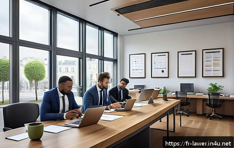 변호사 실무에서 실수 줄이는 법 - A modern law office interior scene showing a diverse team of professionals collaborating around a la...