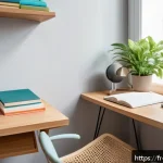 Home 18 변호사 시험을 위한 집중 공부 방법 - A serene, well-organized home study space designed for a French-speaking adult student, featuring a ...