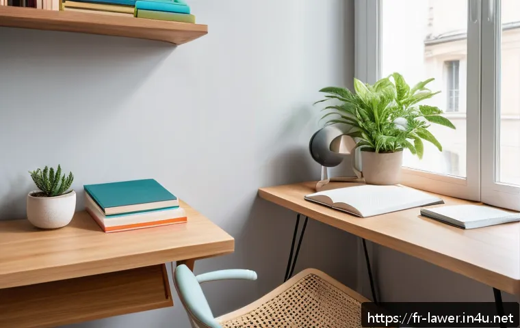 변호사 시험을 위한 집중 공부 방법 - A serene, well-organized home study space designed for a French-speaking adult student, featuring a ...
