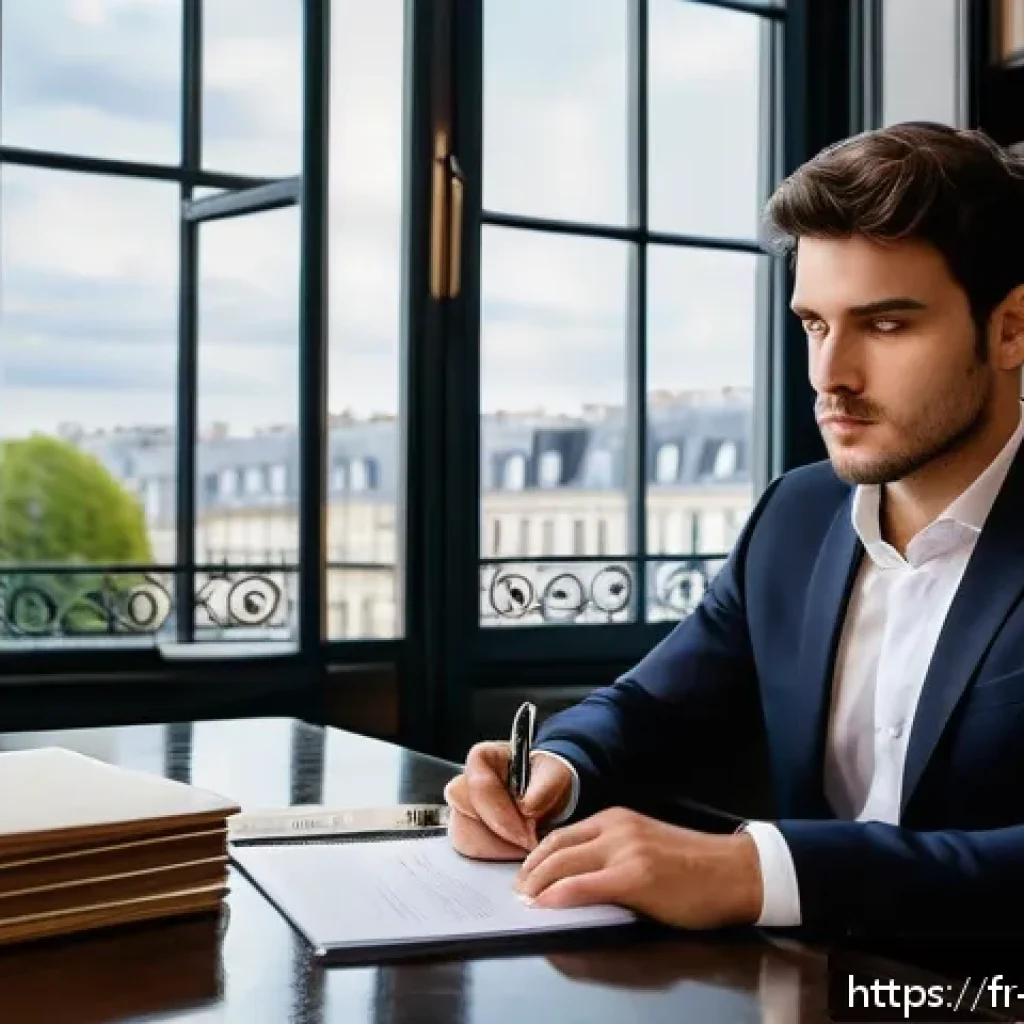 변호사 자격 취득 후 첫 업무 사례 - A young French lawyer in a modern Parisian law office, dressed professionally in a tailored dark sui...