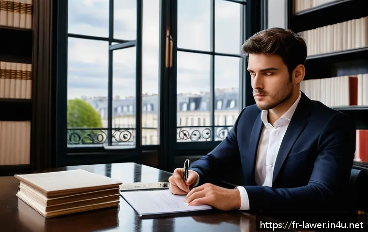 변호사 자격 취득 후 첫 업무 사례 - A young French lawyer in a modern Parisian law office, dressed professionally in a tailored dark sui...