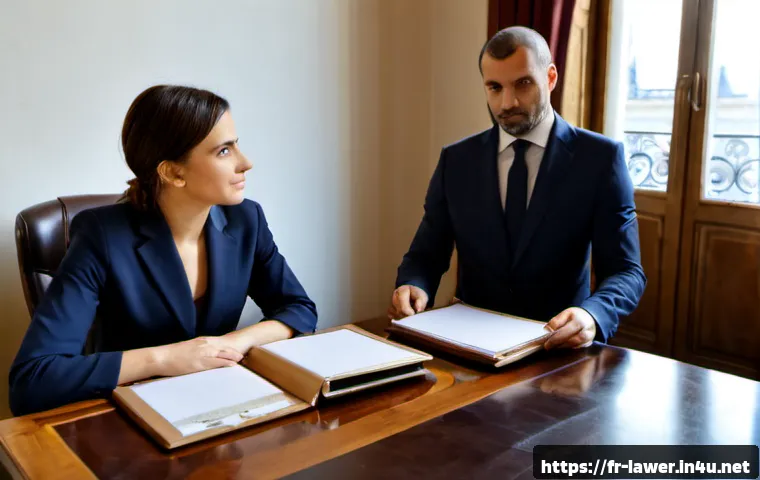 변호사 연봉 협상 팁 - Photorealistic French lawyer salary negotiation in a refined Paris law office, confident female atto...