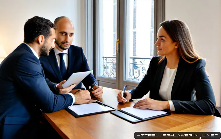 Home 17 변호사 실무에서의 팀워크 관리 - Photorealistic French law firm teamwork meeting, four diverse legal professionals in smart business ...
