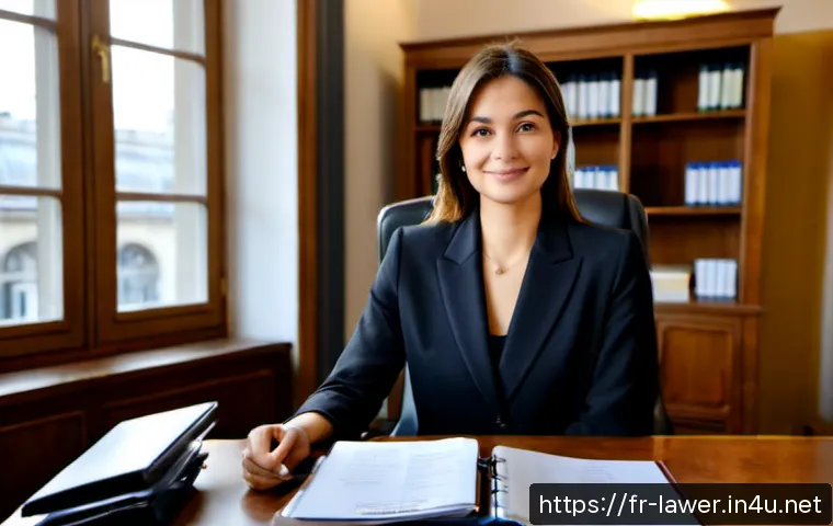 변호사 업무의 직무 만족도 - Photorealistic French lawyer in a modern Paris law office, seated comfortably at a clean wooden desk...