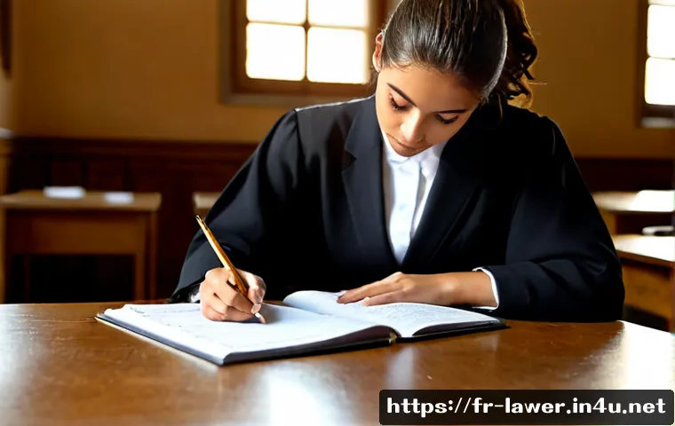 변호사 시험에서 필기와 실기의 비중 - Photorealistic French legal education scene, a law student in professional attire seated at a clean ...