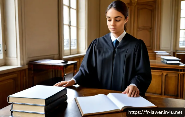 변호사 시험에서의 실기 비중 - Photorealistic French legal training scene, a focused law graduate in modest professional attire com...