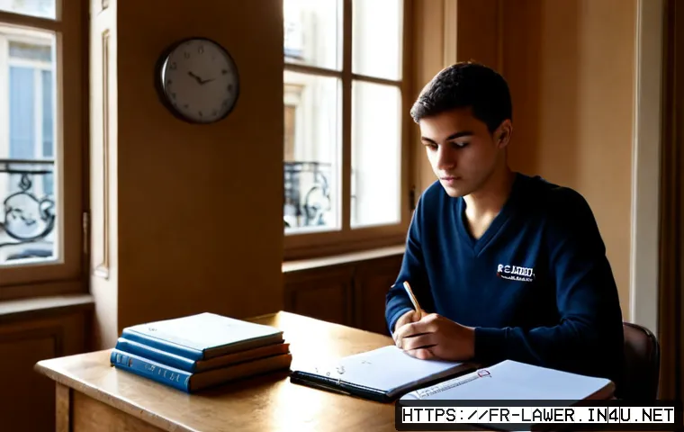Home 17 변호사 시험 준비 기간별 계획 - Photorealistic French law student preparing for the bar examination in a quiet Paris apartment, seat...